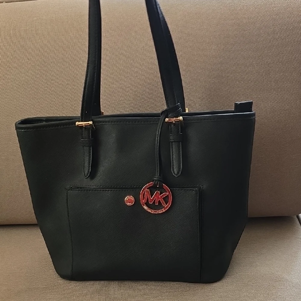 Michael Kors Jet Set Black Medium Saffiano Leather Tote with Gold Accents